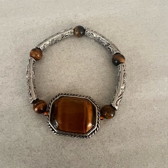 Tiger Eye Accent Stretch Bracelet in Brown and Silver - Picture 2 of 3